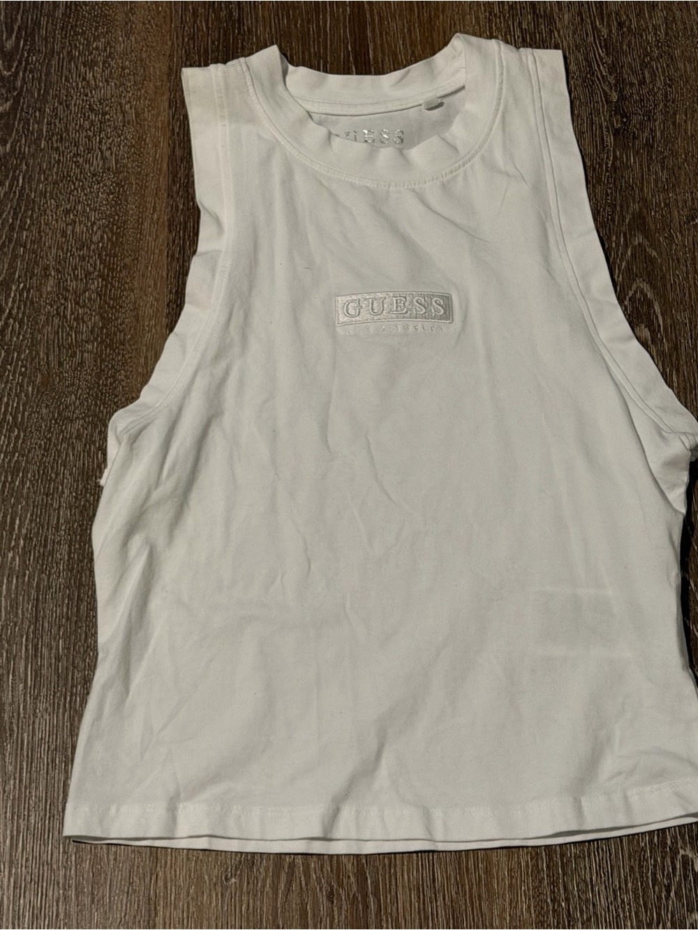 GUESS White Ribbed Crewneck Tank Top with Embroidered Logo